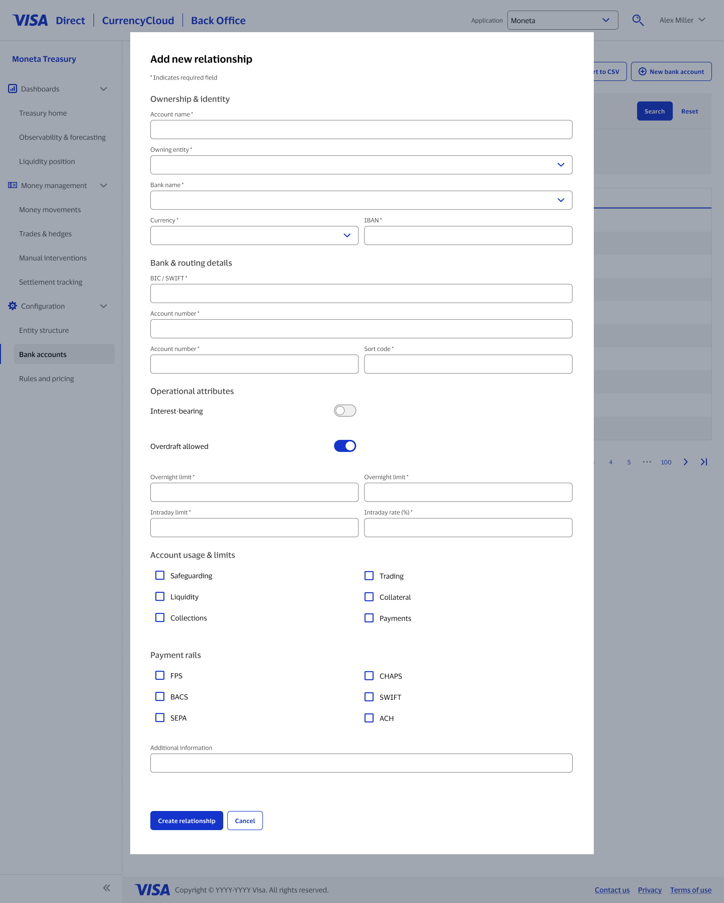 Production: bank account form, overdraft, usage, and payment rails